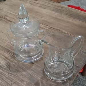 Vintage Sugar Bowl And Etched Glass  Creamer Pitcher. Both 5" High 4" Across